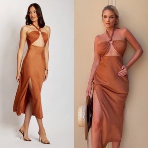 NWT Meshki ‘Harriet’ Brown Satin Midi Dress - High Slit